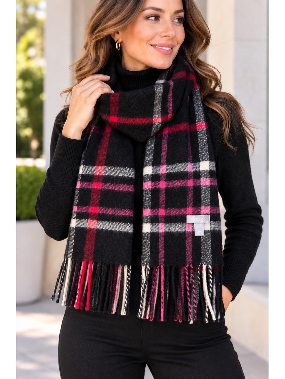 Charter Club 100% Cashmere Plaid Scarf Black Red Pink Gray Fringe NWOT